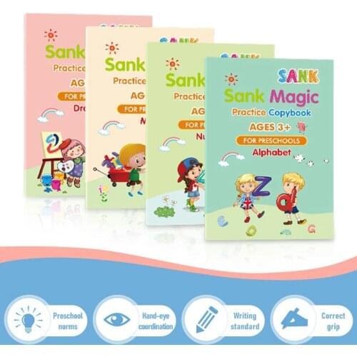 4PCS Books/Sets of Magic Book Learning Numbers Magic Practice Copybook Reusable Handwritten Exercise Book Lettering Toy
