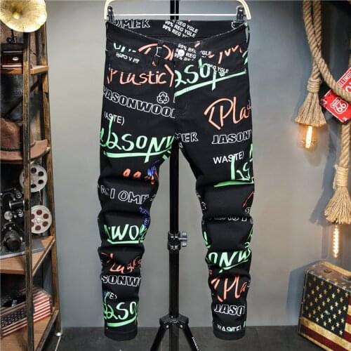 European American Style Printing Pants Jeans Mens Slim Flowers Pants High-end Elastic Pants Black Casual Jeans Pants For Men