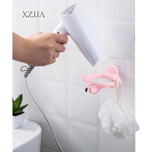 XZJJA Cute Cartoon Flamingos Hair Dryer Holder Wall Mounted Non-slip Hairdryer Storage Shelves Multi-function Bathroom Organizer