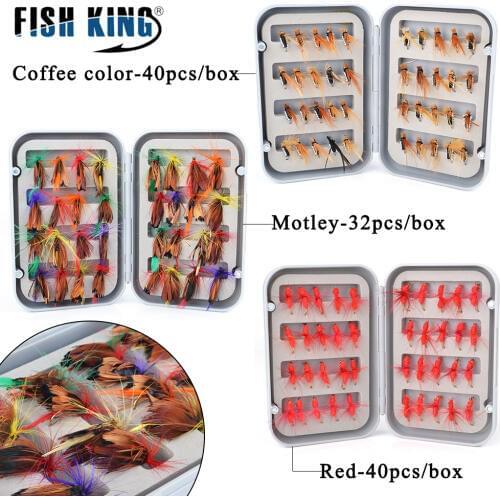 FISH KING Fly Fishing Lure 3 styles Flies Trout Lures Dry/Wet Flies Nymphs Artificial Bait with Waterproof Pesca Box