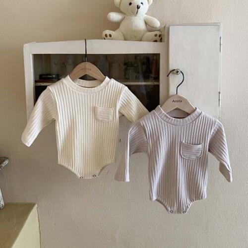 2021 New Baby Girl Long Sleeve Ribbed Bodysuit With Pocket Infant Boy Cotton Jumpsuit Cute Newborn Toddler Autumn Clothes 0-24M