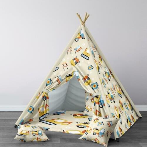 Play Tent for Kids Wigwam Portable Indoor Playground Tents Children Bedrooms Construction Cars Yellow Light Blue Model 006