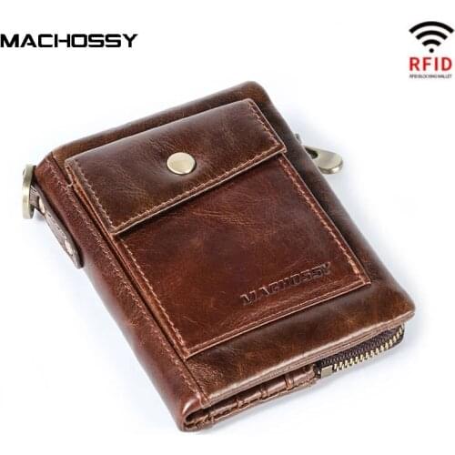New RFID Protection Genuine Leather Men Wallet Coin Purse Small Short Card Holder Chain PORTFOLIO Portomonee Male Walet Pocket