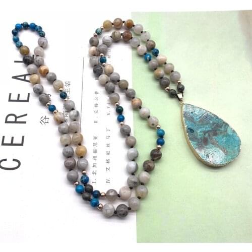 Ocean Stone Pendant Ocean Chalcedony Gilt Crystal Necklace Yoga Necklace Jewelry Gift Bohemia Beads Necklace for Women
