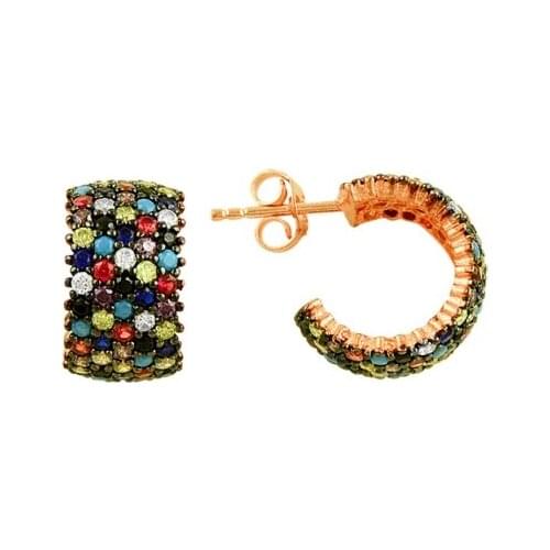 KUTAYDAN Rose Plated 5 Row Mixed Color Zircon Stone Tamtur Earrings 925 Sterling Silver