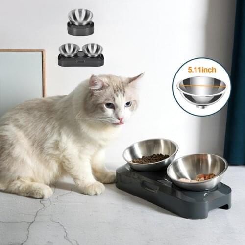 Pet Stainless Steel Single And Double Bowl Heightening Cat Feeder Oval Curved Drinking Bowl Comedero Perro