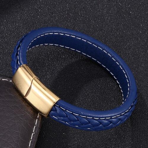 Fashion Blue Leather Charm Bracelet Men Gold Stainless Steel Magnetic Buckle Bangles Male Wristband Jewelry Gifts S0216