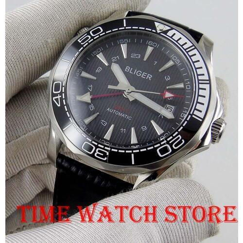 41mm Bliger GMT Automatic watch men Luxury mechanical waterproof Black dial leather strap white ceramic luminous 993
