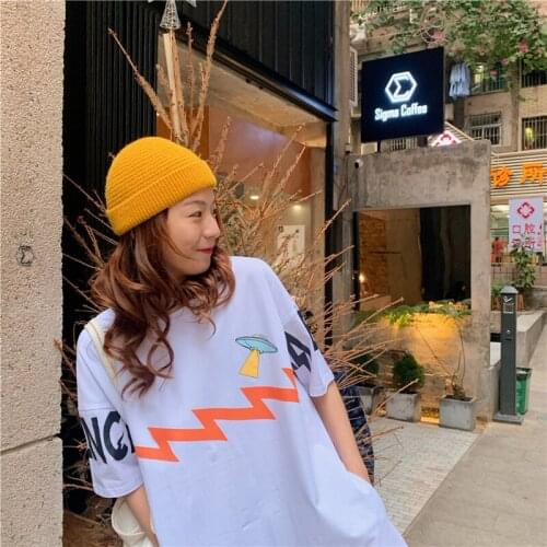 New summer college style cartoon print blouse mid-length loose short-sleeved cotton t-shirt women