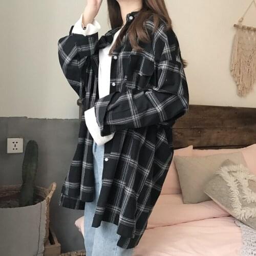 Single Breasted Womens Korean Style Harajuku Women New Shirts Casual Plaid All-Match Loose Long Sleeve Students Daily Bf Ulzzang