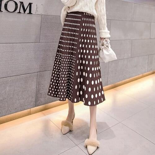 2020 Autumn High Waist Dots Print Knitted Women Winter A-Line Long Skirt Chic Autumn Brown Skirt Faldas Jupe Femme Saia