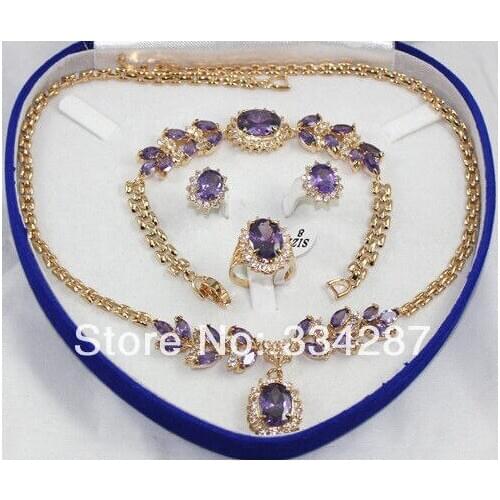 Lovely Sets Purple amethysts pendant necklace bracelet earring Stud Ring jade crystal