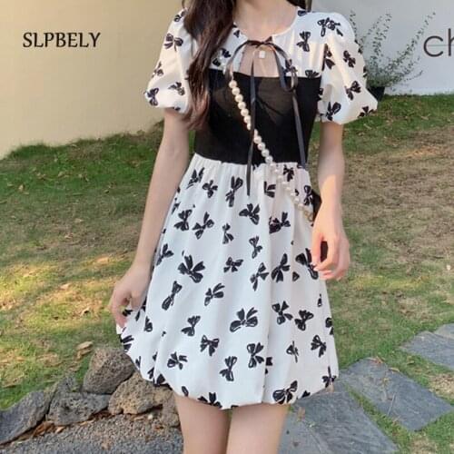 SLPBELY France Women Dress Summer Vintage Bow Printed Puff Sleeved Short Chic Casual Black White Mini Dress Loose Vestidos New