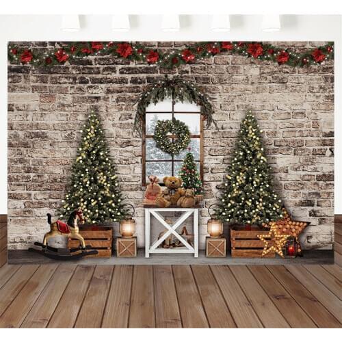 Christmas Photography Background Christmas TreeTrojan Horse Window Brick Wall Backdrop Family Photo Party Decoration Prop Studio