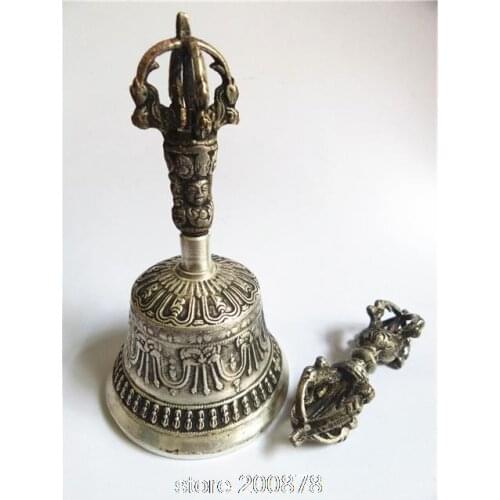 TBC913 Tibet White Metal Copper Silvertone Antiqued Kingkong Dorje,150mm,big Buddhist Dorje Vajra and bell pair
