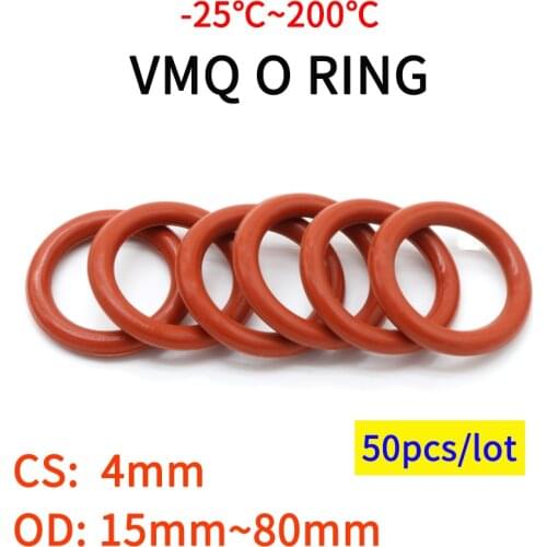 50pcs VMQ O Ring Seal Gasket Thickness CS 4mm OD 15 ~ 45mm Silicone Rubber Insulated Waterproof Washer Round Shape Nontoxi Red