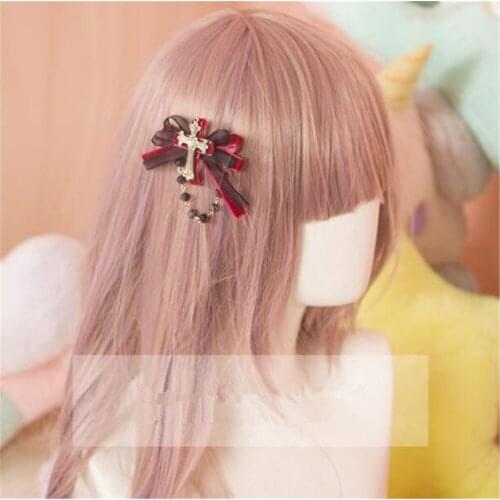 Lolita Gothic Halloween Cross Bowknot Hairpin Handmade Side clip Cosplay Girl Hair Accessories Hair Clip Headdress B1441