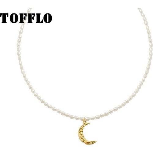 TOFFLO Stainless Steel Jewelry Pleated Moon Crescent Pearl Necklace Lady Elegant Clavicle Chain BSP735