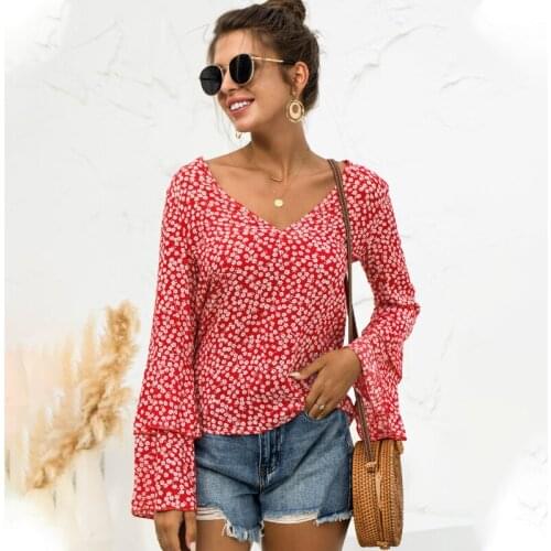Autumn Casual V Neck Chiffon T-Shirt Women Fashion Flare Long Sleeve Girl Blouse Vintage Chic Floral Print Slim Lady Tops Blusas