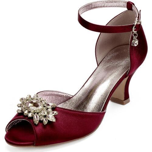 Hoof kitten block heel lady satin evening dress shoes open toe ankle strap bridal wedding prom party heels crystal brooch colors