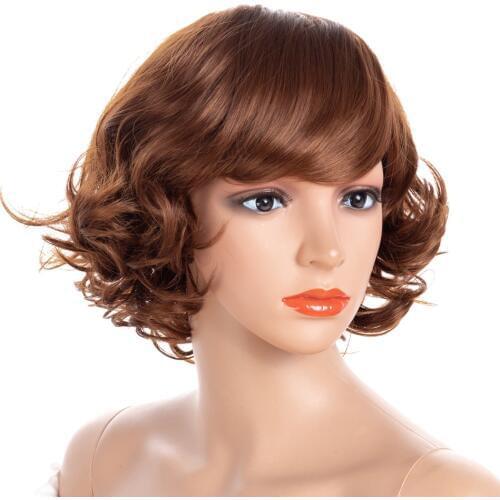 ZM Hair 16inchs Womens Short Wavy Pixie Cut Wig Heat Resistant Fiber Brown Natural Curly Synthetic Hair Wigs With Bangs Full