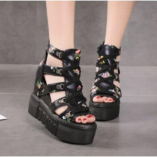 Summer Wedges Shoes Womens High Heels Sandals Chaussures Femme Height Increase Platform Shoe Hollow Out Flower Print PW027