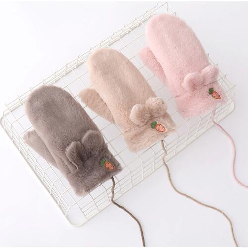 Women Winter Plus Plush Thick Warm Gloves Halter Mittens Famale Fashion Cartoon Rabbit Radish Ears Wind Fluff Knit Gloves J1