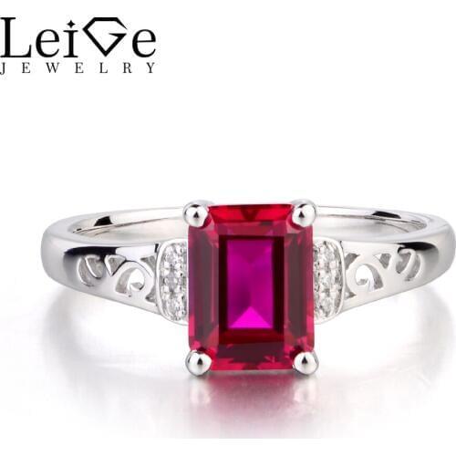 Leige Jewelry Wedding Rings Lab Red Ruby Ring Emerald Cut Gemstone 925 Sterling Silver July Birthstone Romantic Gifts for Women