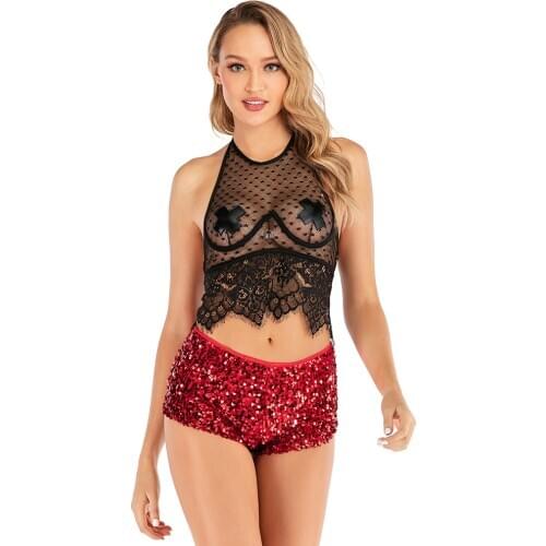 Women Summer Casual Two Pieces Adult Lingerie Set with Sequined Panty and Transparent Crop Top