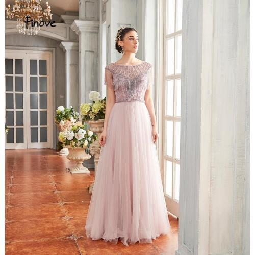 Finove New Prom Dresses Long 2020 Elegant Illusion O-Neck Beading Tassels Floor Length A-Line In Women' Dresses Plus Size