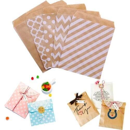 100pcs Kraft Paper Bags Retro Stripe Dot Zigzag Gift Bag Wedding Birthday Party Favor Bag Candy Cookie Bags Wrapping Supplies