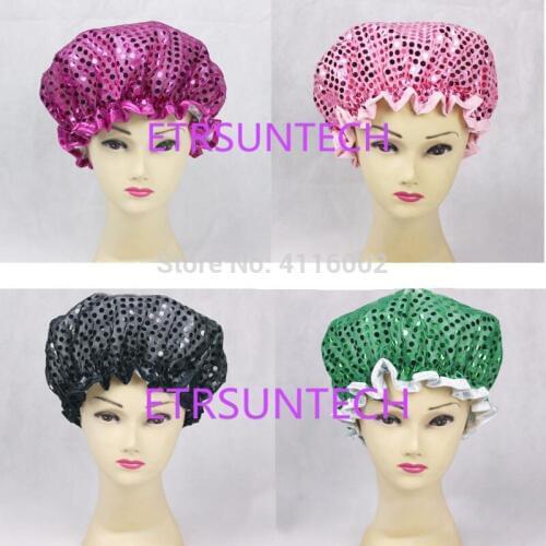 50pcs Fashion Women Waterproof Shower Cap Layers Blingbling Sequins Bathing Hair Hat Beanies Party Costume Cosplay