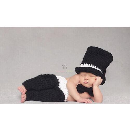 Free shipping, baby black top-hat , baby boys Gentleman Crochet Hats , Bow tie & pants Sets , Newborn Photo Prop size:0-1m,3-4m