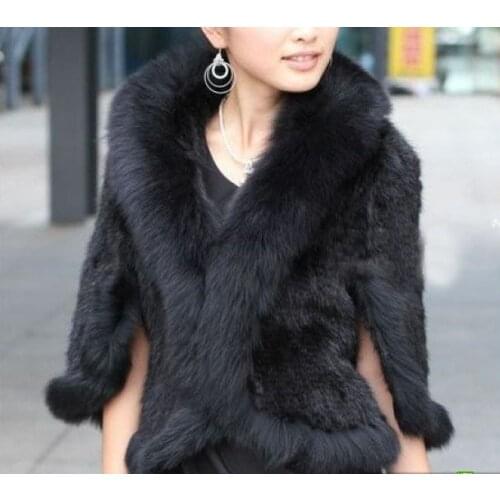 Free Shipping New Genuine Knitted Mink Fur Shawl Wrap Cape with Fox fur collar women mink fur coat Wholesale retail F22