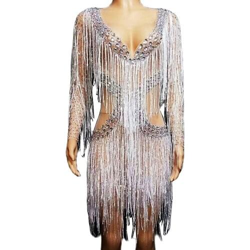 Shining Silver Diamonds Tassel Women Dress Mesh Perspective Show Waist Shortative Dresses Nightclub Costumes Evening Prom Outfit