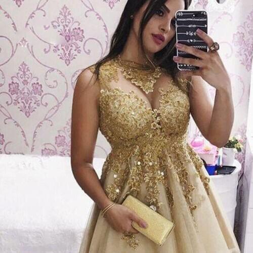 Sparkly Golden Sequins Homecoming Dresses Appliques Tulle A-Line Short Cocktail Dresses Prom Party Gown Graduation Wear