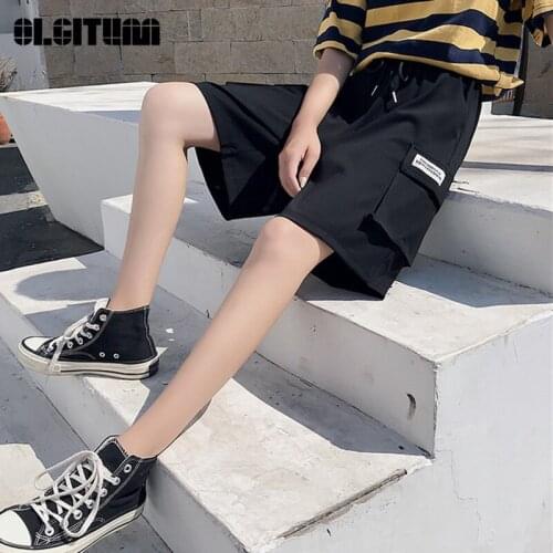 2020 Women Summer New Cargo Pants Solid Color Loose Outwear Korean Elastic High Waist Slim Pocket Ladies Knee Length Trousers