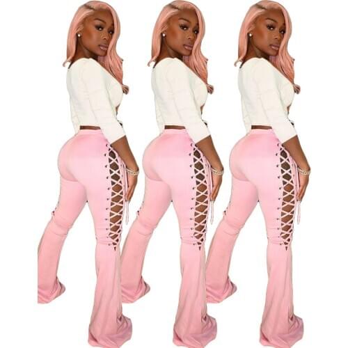 Casual Women Pants Joggers Cross Bandage Hollow Out Flare Pants Streetwear Sweatpants Winter Clothes For Women Outfit