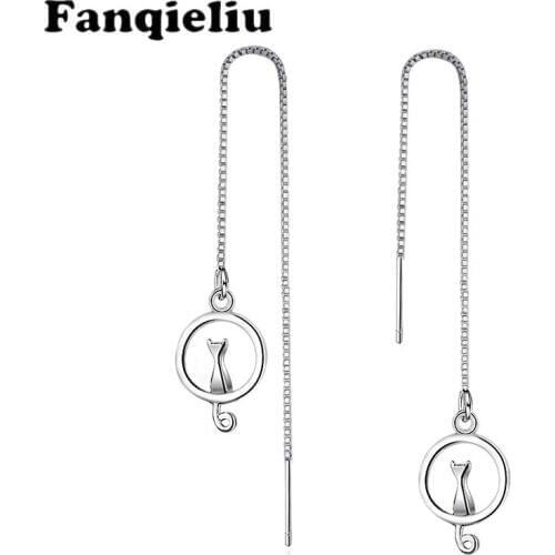Fanqieliu 925 Sterling Silver Chain Earrings Rtro Jewelry Women Fashion Dangles Cat Long Drop Earrings For Women 2020 FQL20069