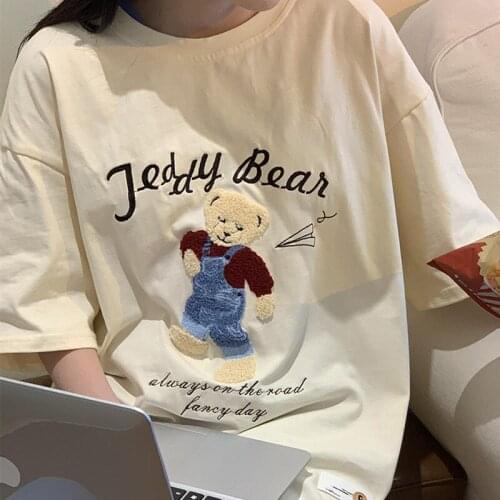 Harajuku Vintage Bear Embroidery T Shirts Women basic Cotton Tshirts Oversized Summer Streetwear Tee Plus Size Kawaii Teens Tops