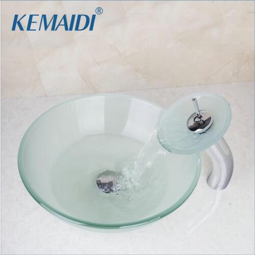 KEMAIDI Round Frosted Washbasin Tempered Glass Sink With Brass Faucet Lavatory Glass Basin Set Bathroom Faucet &Pop Up Drainer