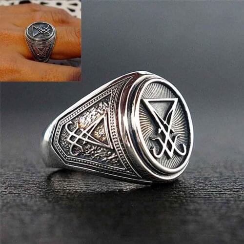 Lucifer Satan Signet Ring Punk Silver Stainless Steel Seal Rings Men and Women Pagan Jewelry Gift Cosplay Props