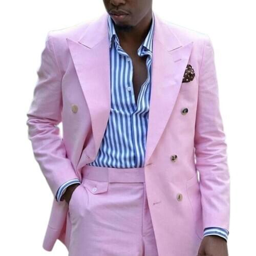Pink Double Breasted Men Suits Peaked Lapel Casual Style Prom Male Fashion African Blazer with Pants 2 Piece Wedding Tuxedo