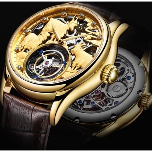 Tourbillon Movement Mechanical Watch For Men Zodiac Horse Dial Sapphire Wooden Box Luxury Brand Tourbilon Skeleton Mens Watch