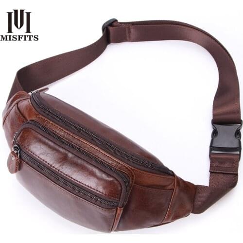 MISFITS genuine leather waist packs mens belt bag casual fanny pack top quality waist bag for cell phone travel male chest bags