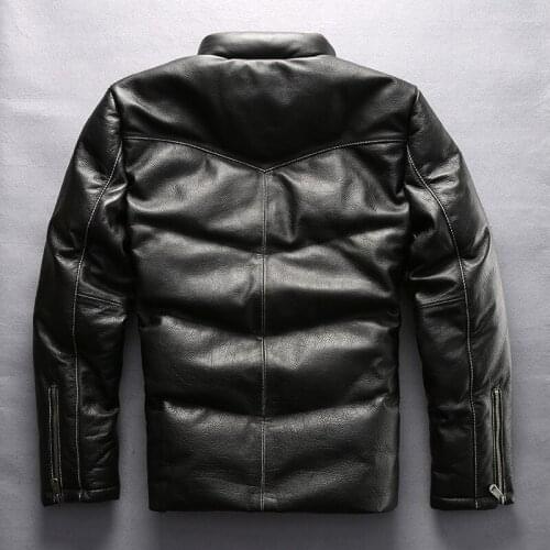 Fashion brand stand collar Russia winter genuine jacket men black cowhide real leather mens casual down coat