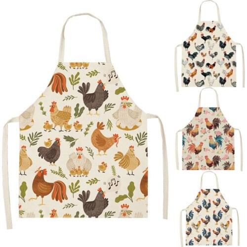 Cock Printed Cotton Linen Sleeveless Aprons Kitchen Women Pinafore Home Cooking Baking Waist Bib 66x47cm