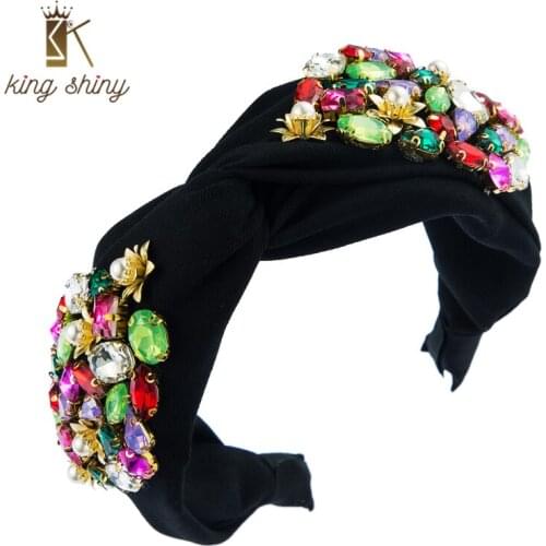 King Shiny Temperament Korean Crystal Bowknot Headband Elegant Geometric Diamond Wide-brimmed Fabric Twisted Hairband Girl Bezel