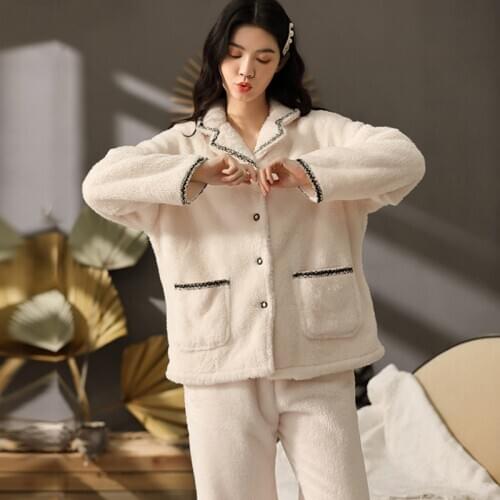 2020 Autumn Winter Warm Flannel Women Pajamas Sets Thick Coral Velvet Long Sleeve Cartoon Sleepwear Flannel Pyjamas Set for Girl