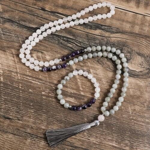 8mm Natural White Chalcedony Gray Labradorite Amethyst Necklace Bracelet 108 Japa Mala Jewelry Sets Meditation Yoga Pendant